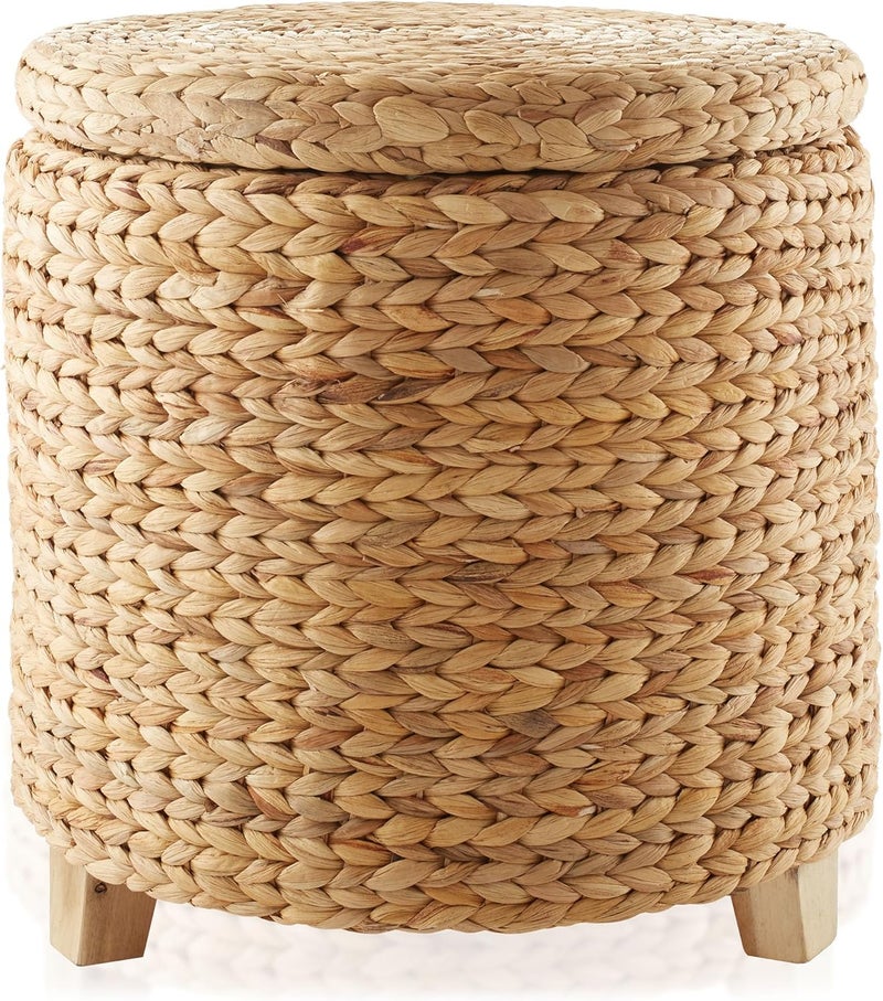 Casafield 17" Round Storage Ottoman with Lid - Natural, Handwoven Water Hyacinth Footstool for Living Room, Bedroom, Bathroom, Home Office - Image 4